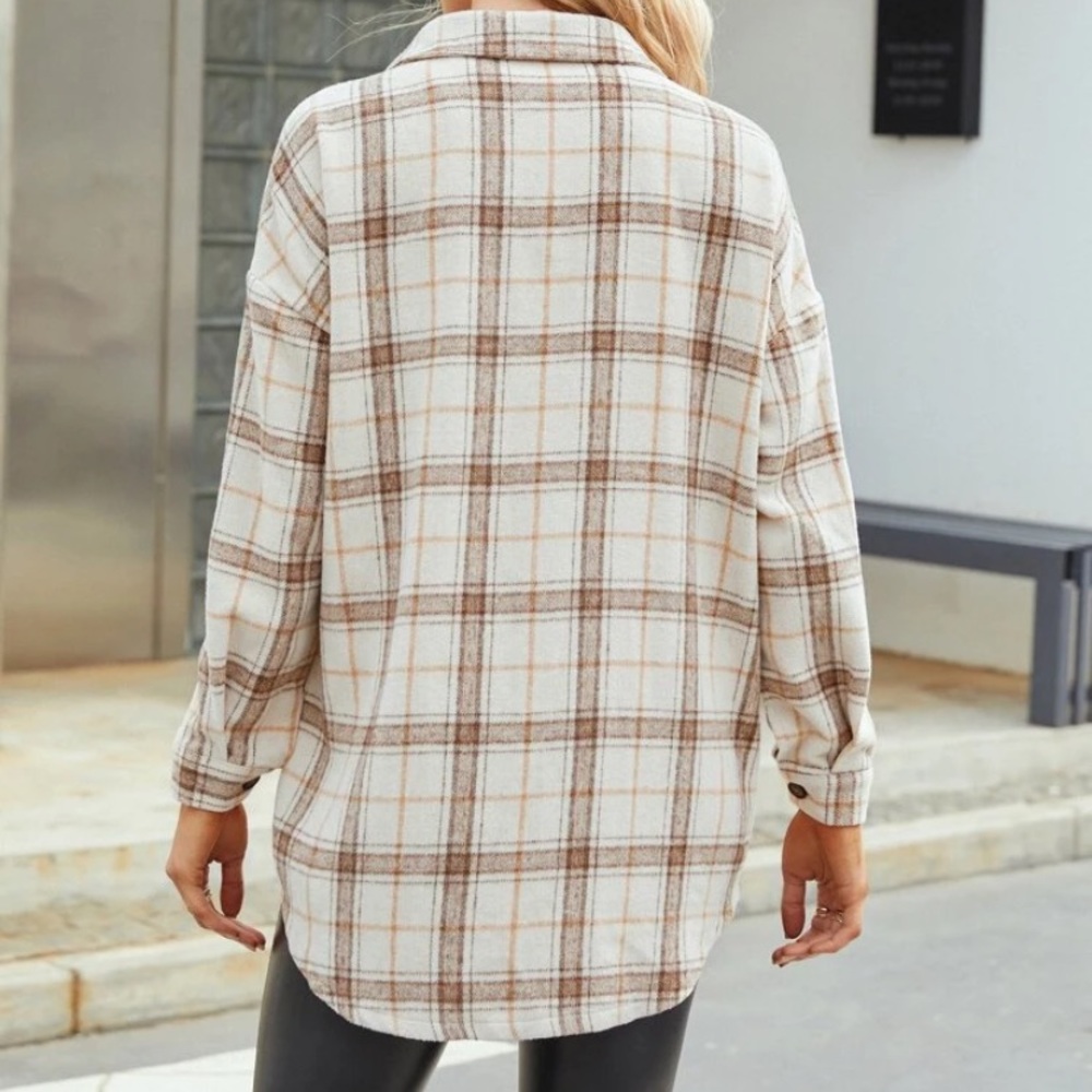 Beige Cream Plaid Button Up Pocket Long Sleeve Top Blouse - Picture 2 of 4